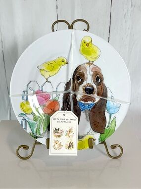NEW Prima Design Watercolor Dog & Baby Chick Melamine Salad Plates - Set of 4